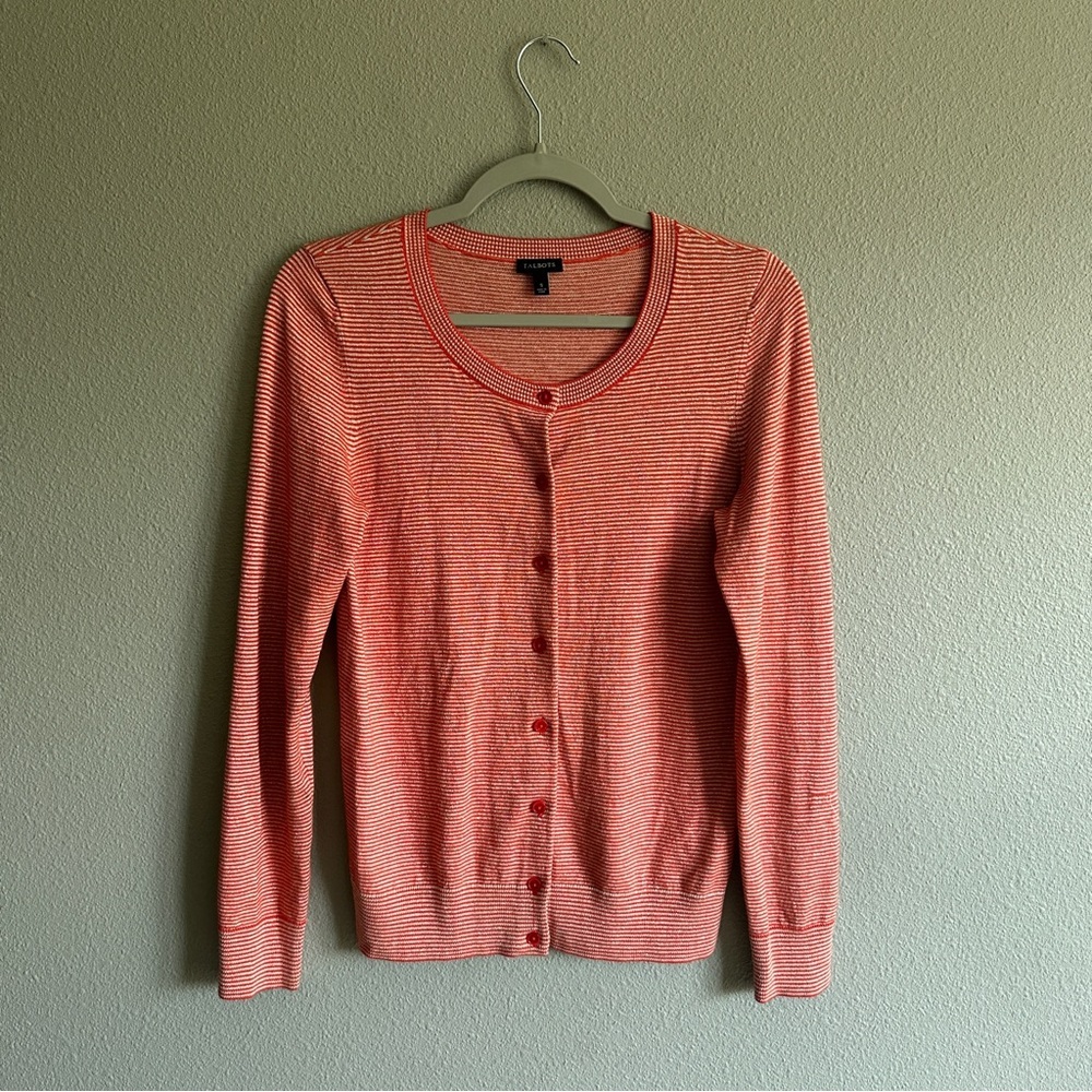 Talbots Orange and Gold Striped Button Cardigan Sweater Small